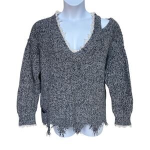 Wildfox Marled Soft Chunky Knit Distressed V-Neck Sweater with Fringe size M
